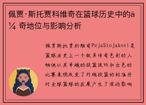 佩贾·斯托贾科维奇在篮球历史中的传奇地位与影响分析